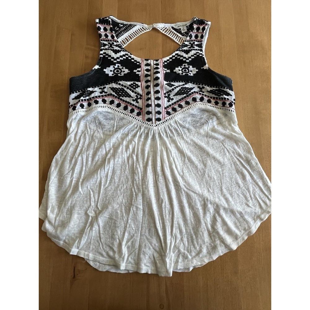 Lucky Brand Embroidered‎ Tank Top Sz S Sleeveless Black White Aztec Tribal Boho